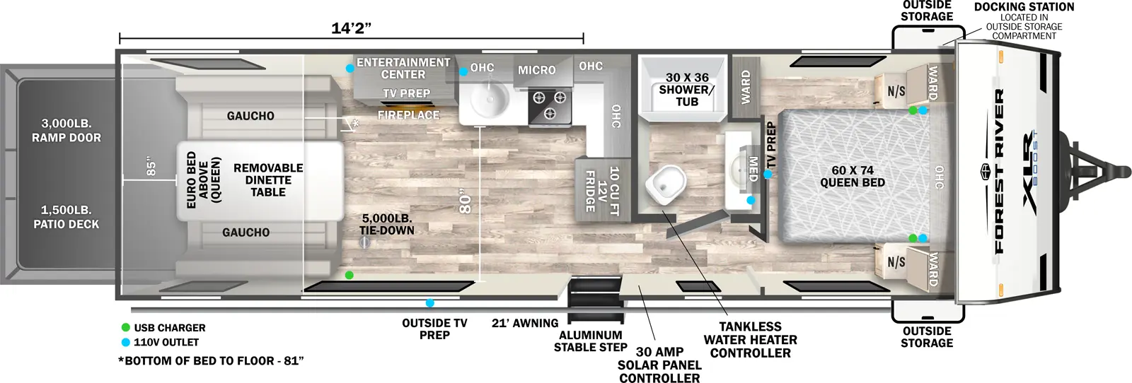 The XLR Boost 2714B floorplan is a toy hauler that has one entry and zero slide outs. Exterior features include: fiberglass exterior, 21' awning and  outside entertainment. Interiors features include: front bedroom.